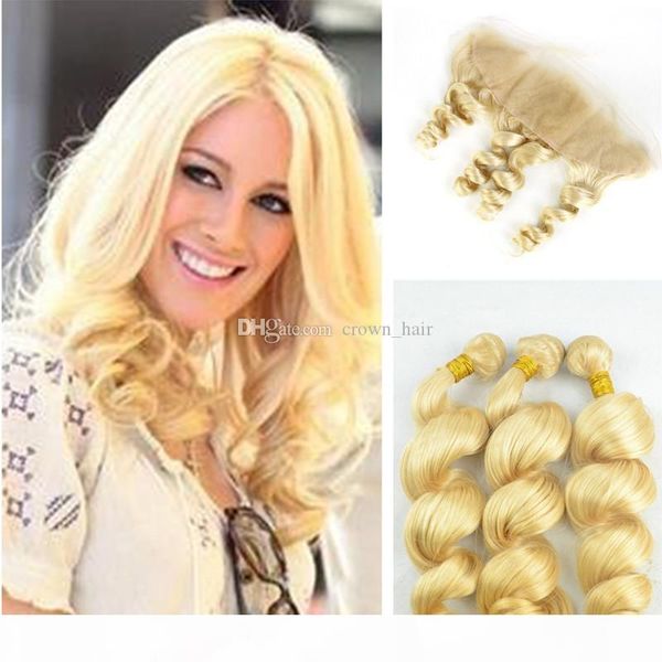 

13*4 ear to ear full lace frontal with 613 hair bundles extension blonde 613 loose wave hair bundles with lace frontal part, Black