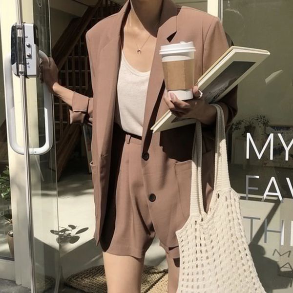 

2021 new vintage solid matching assemblies single breasted thin mid-long blazers waist short pants 2 female ensemble spring fall s7zx, Gray