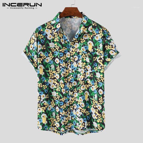 

2020 stylish men hawaiian shirt floral print short sleeve loose streetwear summer lapel chic brand beach camisas incerun 71, White;black