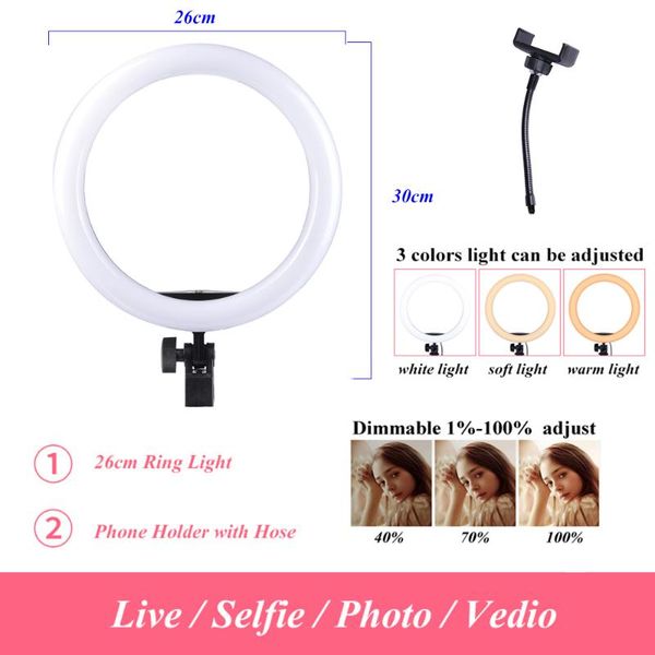 

10" dimmable pgraphic lighting studio video led ring light 3200-5600k for smart phone makeup live youtube with phone holder