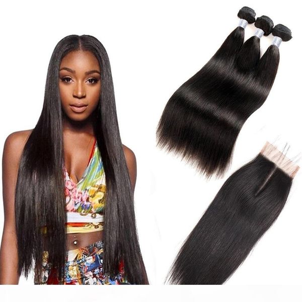 

7a brazilian straight virgin hair bundles with lace closure unprocessed peruvian natural black human hair extensions weave with closure