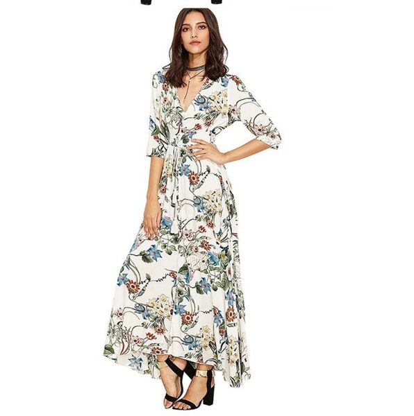 

new national floral holiday style v-neck loose long dress skirt, Black;gray