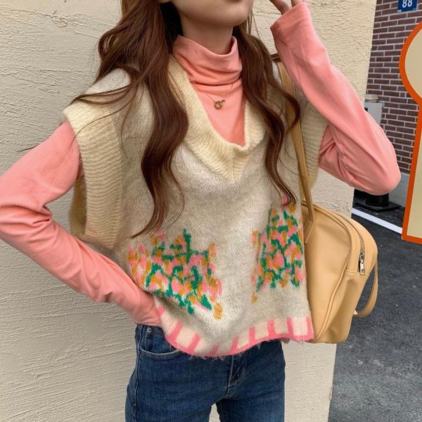 

kawaii vintage woman knitted vest 2021 japanese v-neck hit color flowers sleeveless sweater female all match oversized waistcoat, White;black