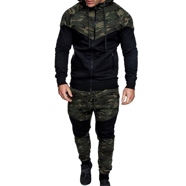 

2021 new mens camouflage patchwork hoodies sets male jacket+pants 2pc tracksuit sportwear autumn jogging brand suit plus size 70rk, Black