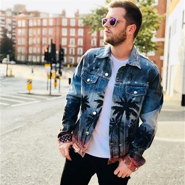 

new autumn men's clothing denim jacket coat washed hole frayed outerwear vintage coconut palm print hip hop jackets, Black