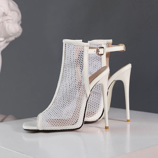 

2021 fashion thin high heel sandals mesh pumps open-toed summer women shoes stilettos cool boots big size 35-48 fv-123, Black