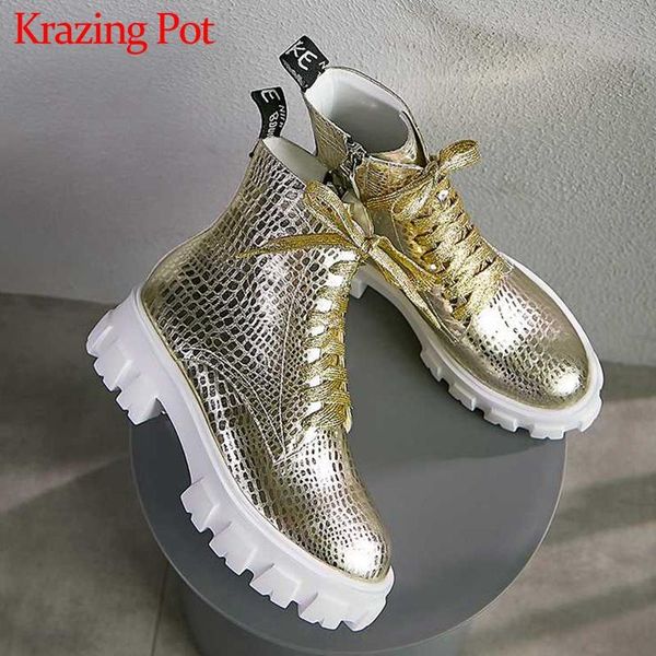 

krazing pot preppy style print genuine leather lace up round toe high heels thick bottom warm women high fashion ankle boots l45, Black