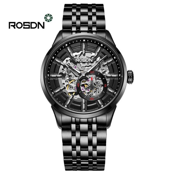 

rosdn genuine men's automatic mechanical watch new hollow watch men's casual waterproof watches, Slivery;brown