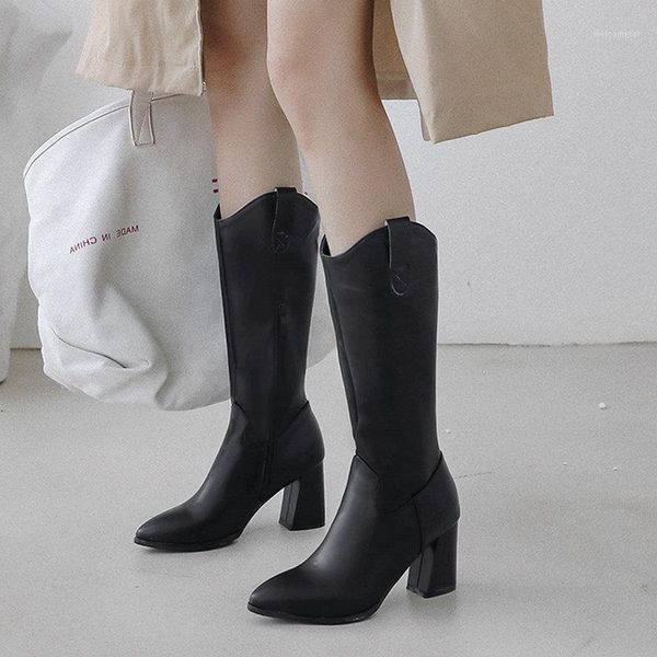 

2020fashion knee high boots autumn women square high heels wester cowboy boots pointed toe zipper winter plush black white1