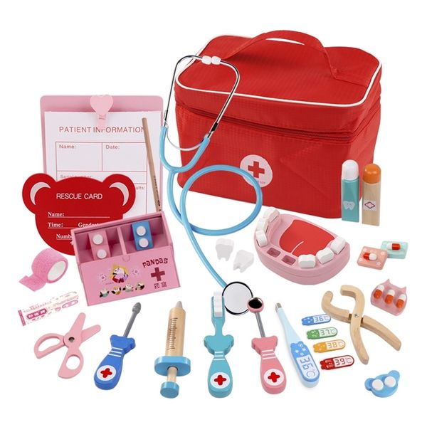 Simulação Play House Toy Fingir Jogar Madeira Doutor Brinquedo Red Pano Saco Medical Set Dentista Papel Jogando Brinquedo Para Crianças Crianças LJ201012