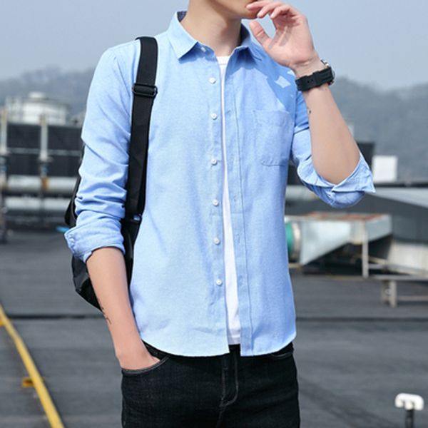 

2021 spring new solid color slim casual men's long sleeve youth tooling oxford spinning shirt, White;black