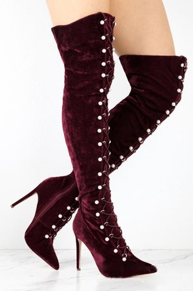 

pearl decor cross bandage over the knee velvet boots women pink maroon black thigh boots high heels pointed toe botas1