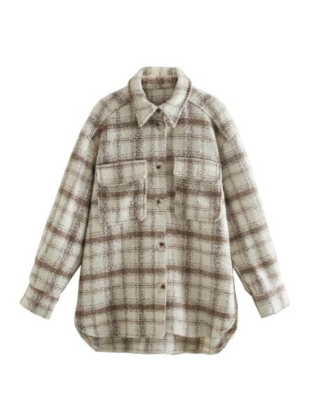 

women's jackets stylish chic coffee-beige plaid shirt jacket women fashion turn-down collar pockets buttons coat girls streetwear, Black;brown