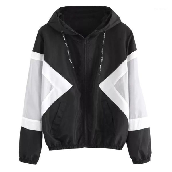 

autumn women windbreaker jacket long sleeve patchwork standard skinsuits hooded zipper pockets coat1, Black;brown