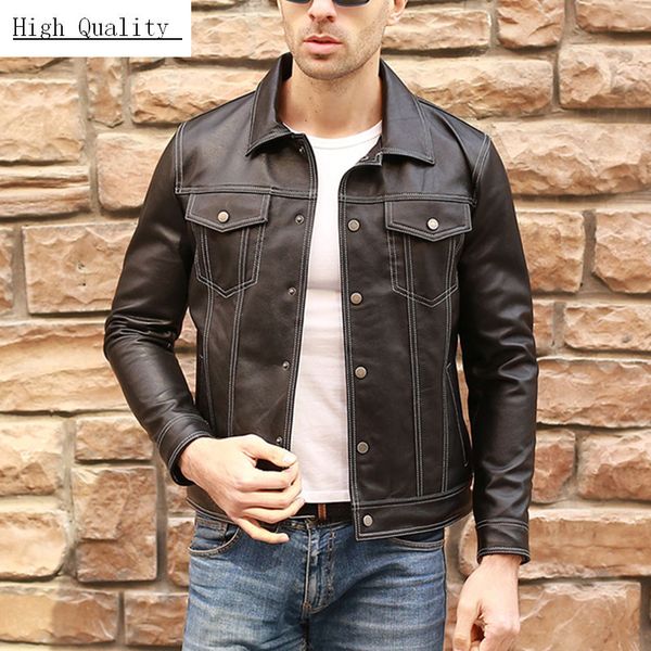 Homens Casual Casaco de Couro Genuíno Marca Luxo Real Couro Jaqueta Slim Lapela Preto Bolso Ovelhas Jaqueta de Couro de Casaco de Aviação LJ201029