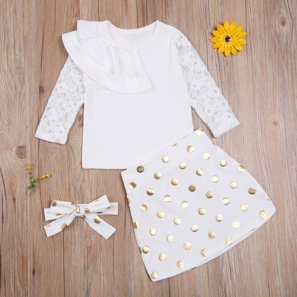 

3pcs baby girls fall clothes, floral lace long sleeve ruffle + mini skirt + headband set, White