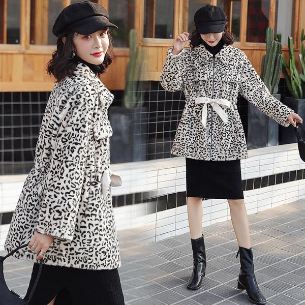 

leopard trendy imitation mink velvet winter coats women fur bow belts overcoats vintage turn-down collar female outwear, Black
