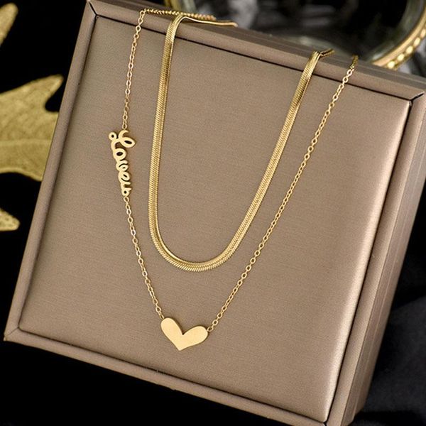 

chains linmouge multi-layer tianium stainless steel heart shaped pendant necklace snake chain love chokers necklaces for women jewelry, Silver