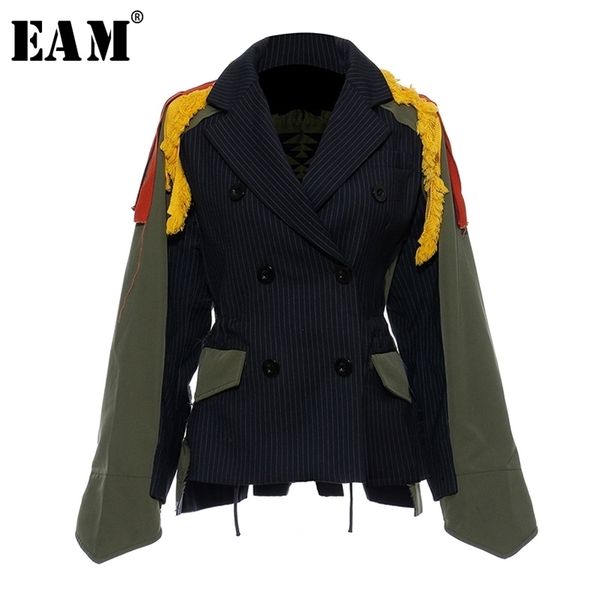 

[eam]big size striped contrast color pattern print jacket new lapel ribbon loose fit women coat fashion spring autumn jz521 201210, Black;brown