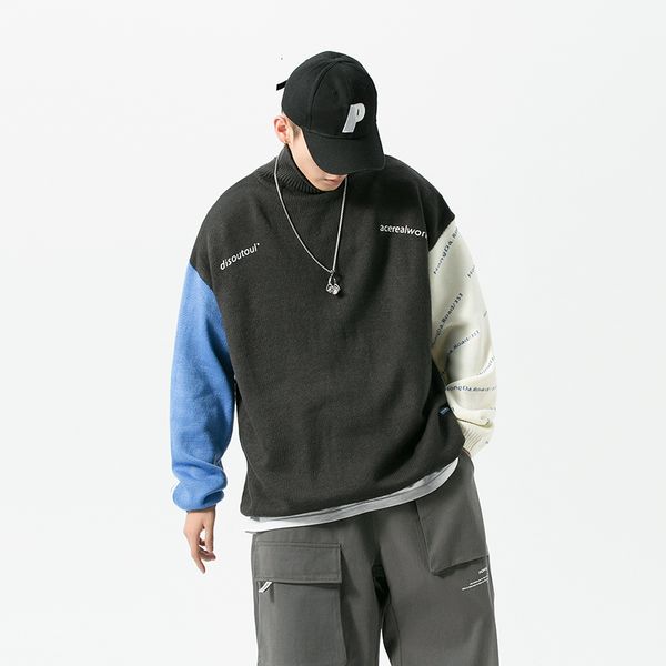 

2021 autumn winter men sweaters pullover casual male knitted color block sweater fit print mens fashion new clothes ozhk, Blue;gray