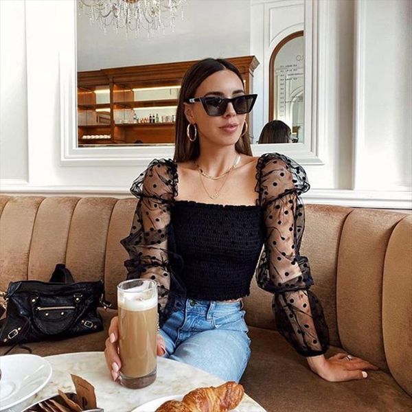 

women square neck lace see through polka dot puff long sleeve elastic crop female blouse shirts evening party clubwear, White