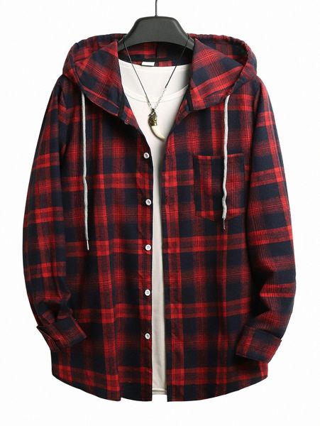 

men 1pc plaid button through drawstring detail hooded shirt n9up#, White;black