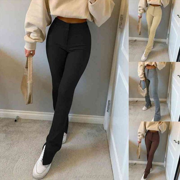 

womens elastic high waist skinny long pants solid color side split hem flare trousers elegant stretch leggings m03 21 dropship, Black;white
