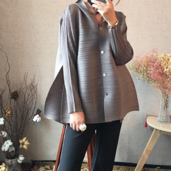 

2021 new summer fashion stand collar batwing sleeves pleated single breasted loose shirt female blouse wg95101, Tan;black