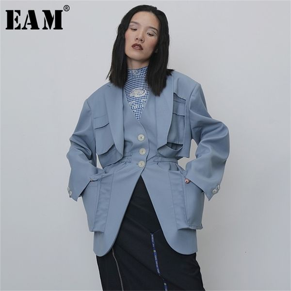 

[eam] women blue spllit pocket big size trench new v-collar long sleeve loose fit windbreaker fashion spring autumn 1h264 201211, Tan;black