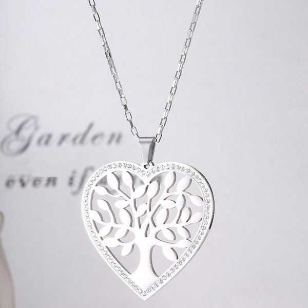 

stainless steel heart shaped tree of life pendant necklace for women color crystal long necklace gift for mom fashion jewelry, Silver