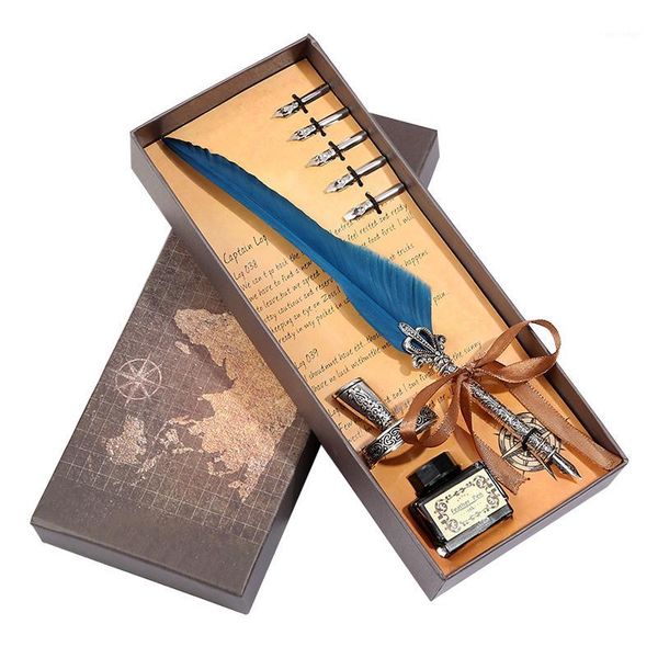

fountain pens retro gray feather pen dip ink calligraphy 5 nib set gift box office supplies student writing quill1
