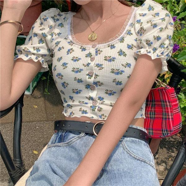 

women's crop floral lace patchwork t-shirt casual ruffle short sleeve u-neck button summer 2020 ladies vest blouse tees, White