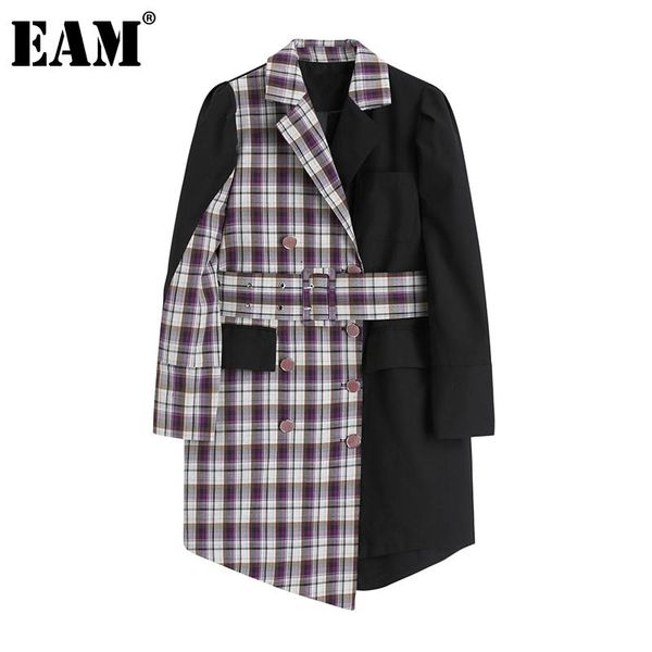 

eam] women black plaid irregular big size trench new lapel long sleeve loose fit windbreaker fashion spring autumn 2020 1da298, Tan;black