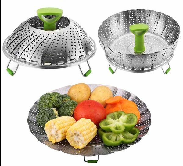 11-Zoll-Edelstahl-zusammenklappbarer Dampfer-Kochgeschirr-Sets Multifunktions-Gemüse-Obstkorb Kochen Metall-Rack-Lebensmittel-Dampfer-Küche