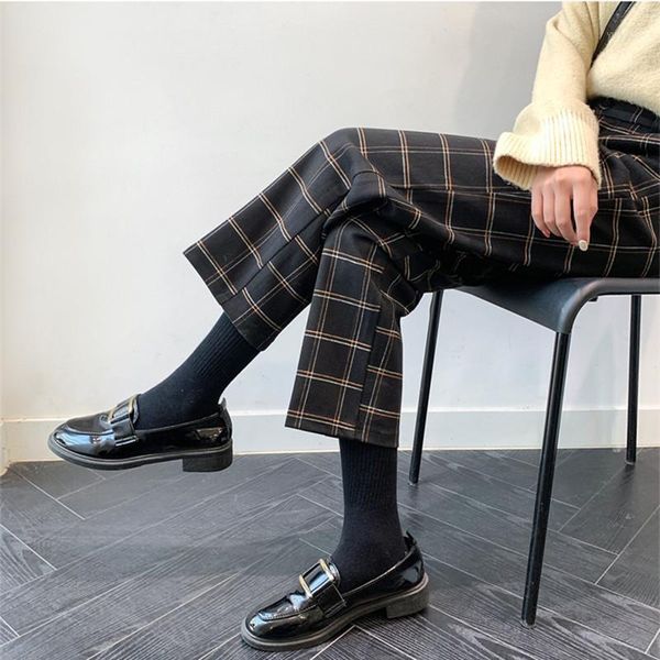 

hzirip high waist straight wide leg plaid pants women bottoms new autumn winter fitness thick loose commuting vasual trousers1, Black;white