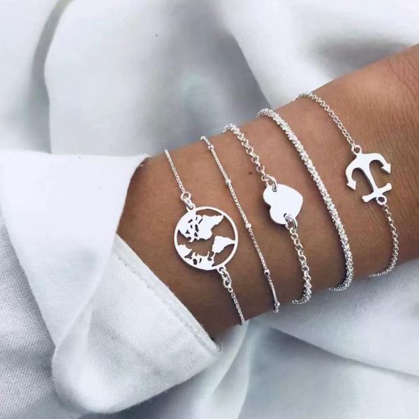 

silver color heart anchor charm bracelet for women ladies string chain bracelets jewelry accessories gifts, Golden;silver