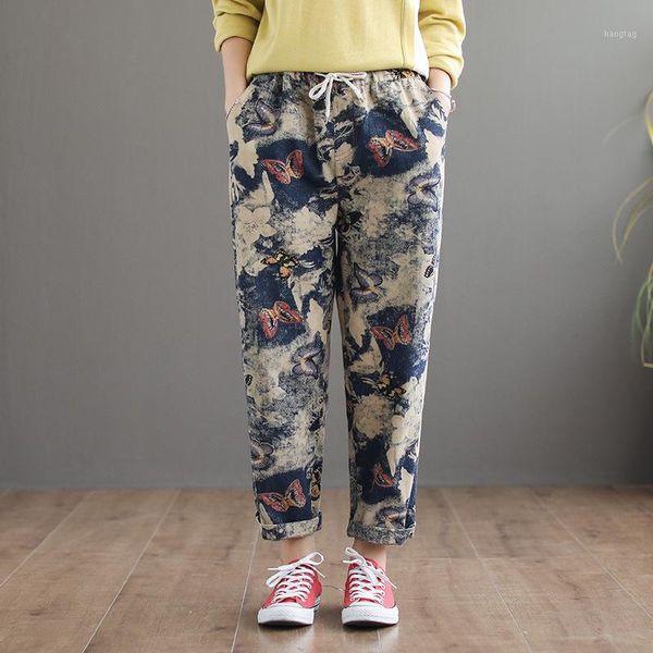 

autumn spring jeans women retro painted butterfly loose elastic waist drawstring washed female ankle-length denim harem pants1, Blue