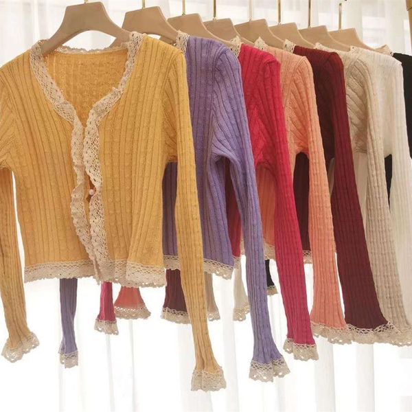 

patched lace v neck knitted short sweaters cardigans lady thin cardigan full sleeve slim stretchy crop for female, White;black