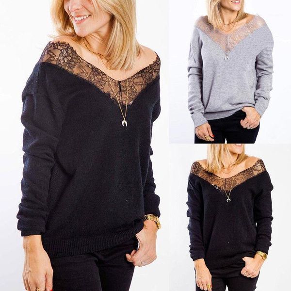 

hirigin s-xl stylish new autumn women v neck off shoulder lace crochet sweatshirt casual long sleeve pullover1, Black
