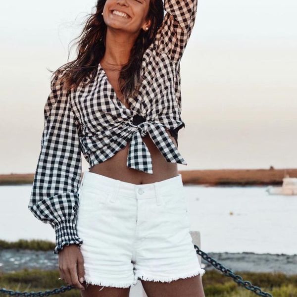 

women's blouses & shirts puwd vinatge woman v neck black plaid short blouse spring autumn fashion ladies soft bow female casual cotton, White