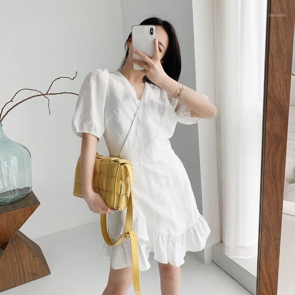 

women dress spring / summer 2020 new dress solid color v-neck short sleeve ruffle mini1, White;black