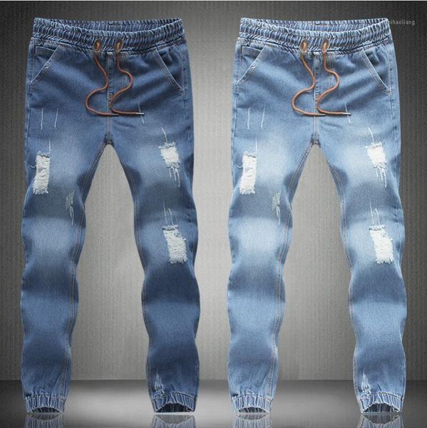 

men's jeans p99classic mens joggers light blue biker denim pants male elastic waist drawstring trend slim fit men casual pant1
