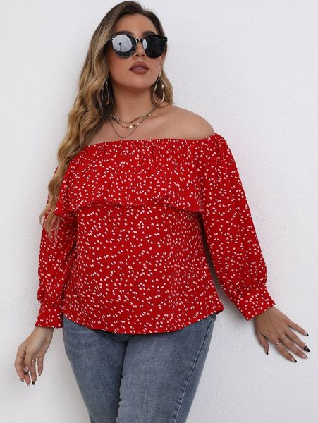 

plus off-shoulder confetti heart print ruffle blouse c8om#, Black