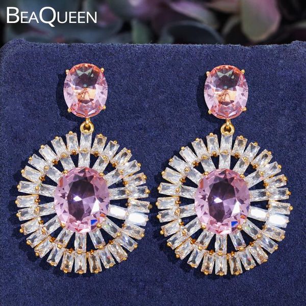 

beaqueen dazzling oval pink cubic zirconia big round hanging drop earrings for women luxury wedding jewelry accessories e402, Silver
