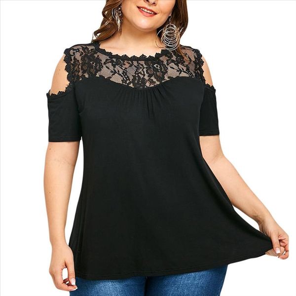 

plus size ladies summer lace cold shoulder short sleeve shirt women blouse fashion tee shirt woman tee casual female shirts, White