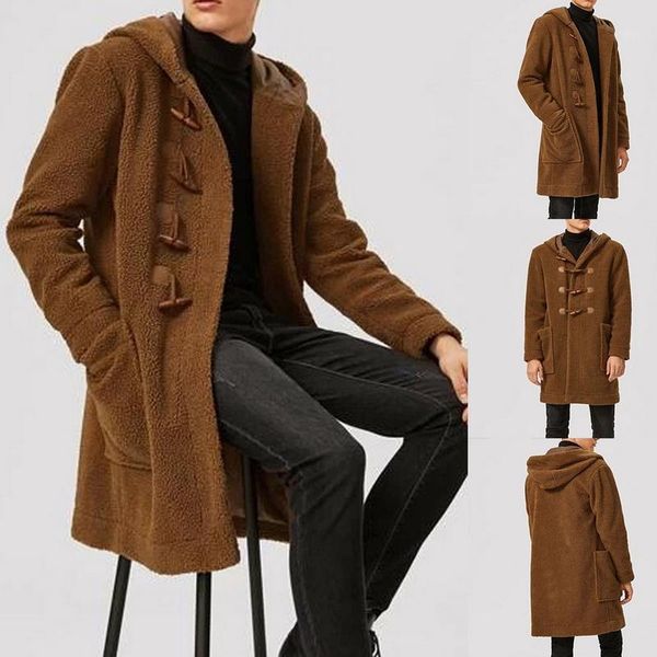 

men winter wool overcoat men's solid color double fleece windbreaker woolen coat cashmere coat long-length cotton clothes1, Black