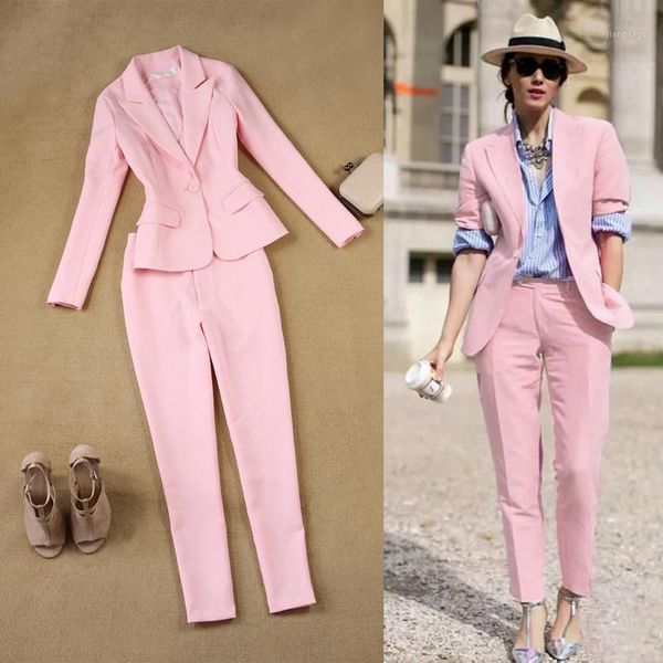 

lxunyi pink 2 pieces pant suit women formal white suit female office slim ladies interview suits one button pants and blazer set1, White;black