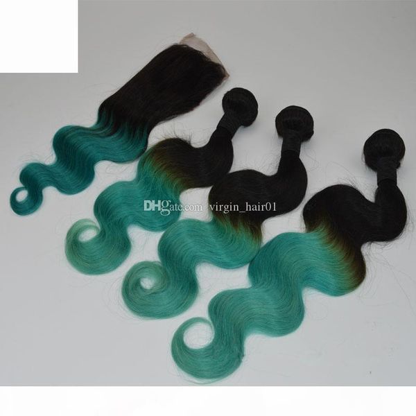 

wholesale 100% human hair ombre brazilian hair extensions 1b green ombre hair weave 3 bundles with teal green lace closure body wave bundles, Black;brown