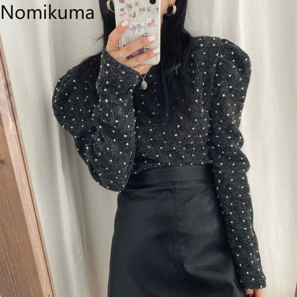 

nomikuma korea 3d dot pullover sweater causal o-neck puff long sleeve knitted 2021 new elegant women pull jumpers 6d798 h1211, White;black