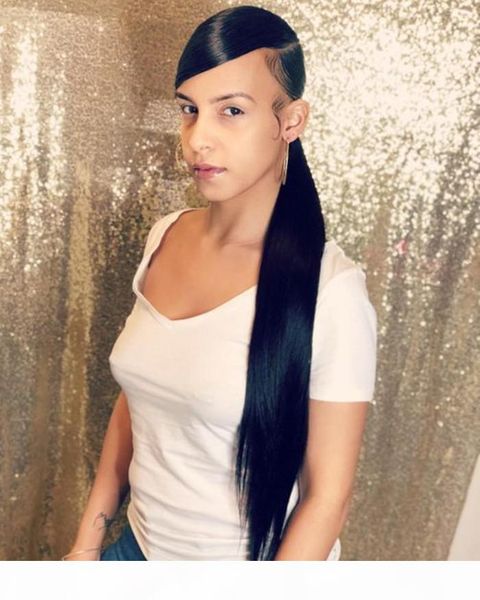 

2020 cute ponytail human hair side part straight with bang very long human hair pony tail wraps around women hair extension 140g 160g, Black